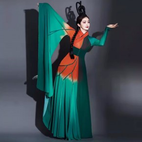 Women girls greeen chinese folk dance costumes ancient traditional wide sleeves yangge umbrella fairy hanfu stage performance clothes for female
